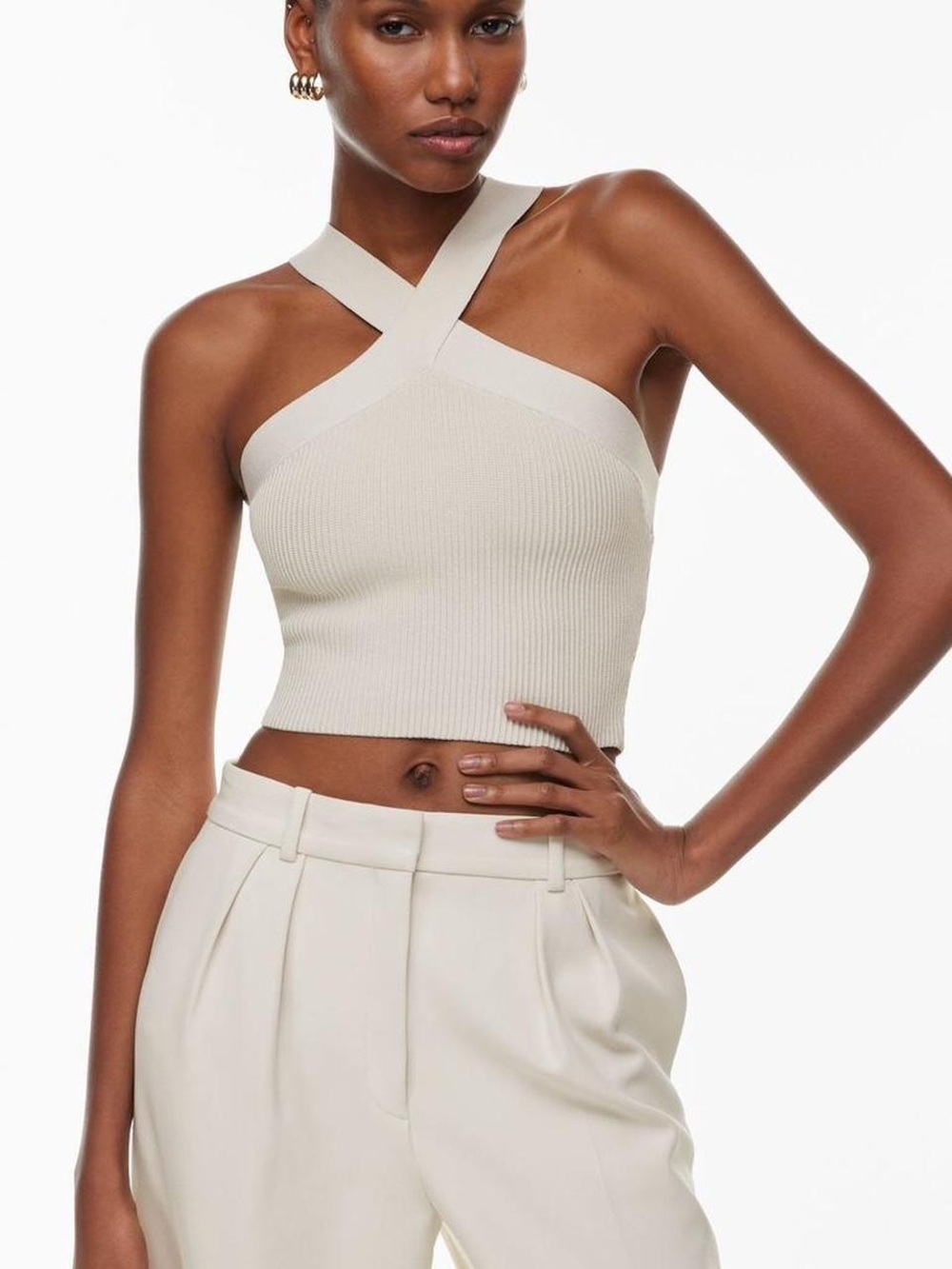 Aritzia Babaton Cross-Strap Ribbed Crop Top in Cream